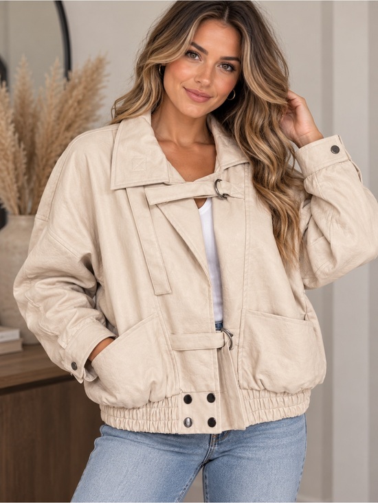 Heyson Jackets & Blazers - HEYSON Women's Light Cream Mineral Wash Vegan Leather Bomber Jacket